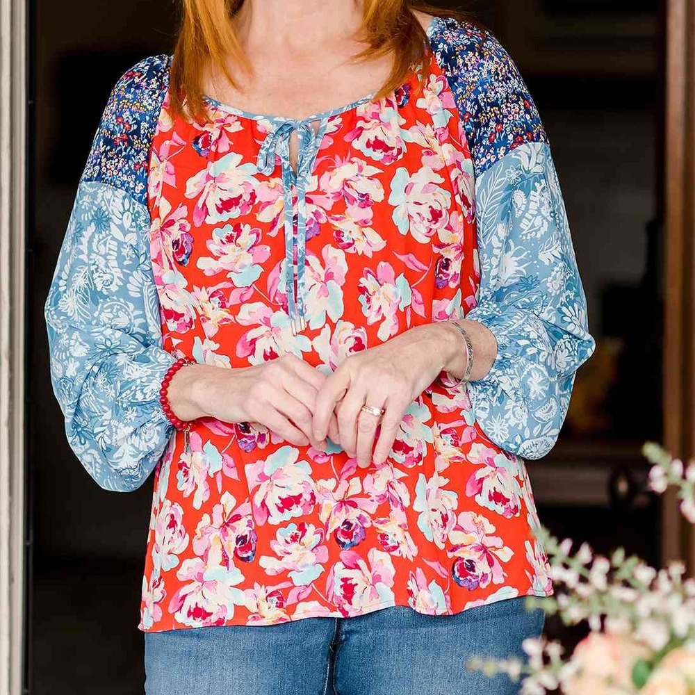 Pioneer woman blue red floral patchwork church boho feminine L artsy long sleeve